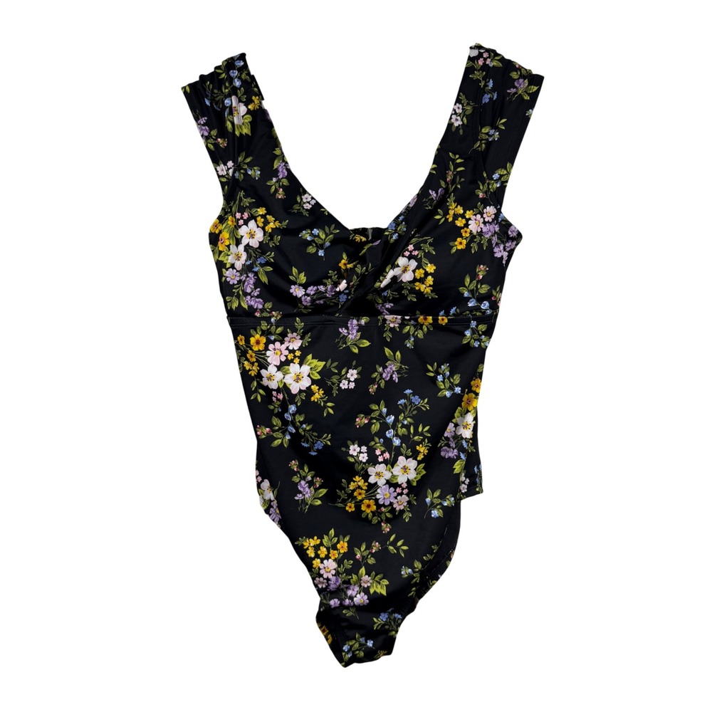Beach Betty Floral One Piece Swimsuit L Black Floral Cutout Tie Back Ruched Bust